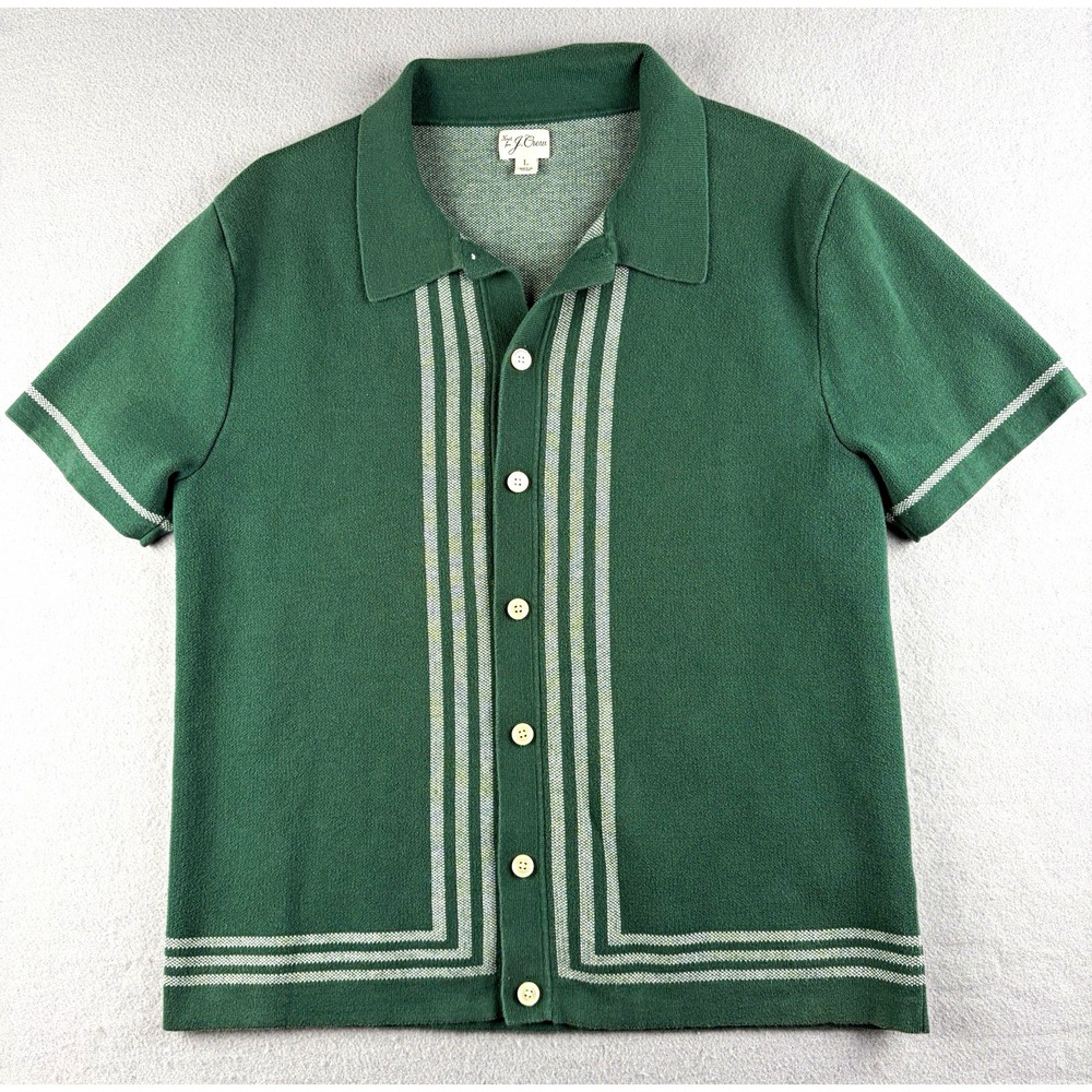 J.Crew Knit Polo Cardigan Shirt Men Large Green Cream Striped 100% Cotton Retro
